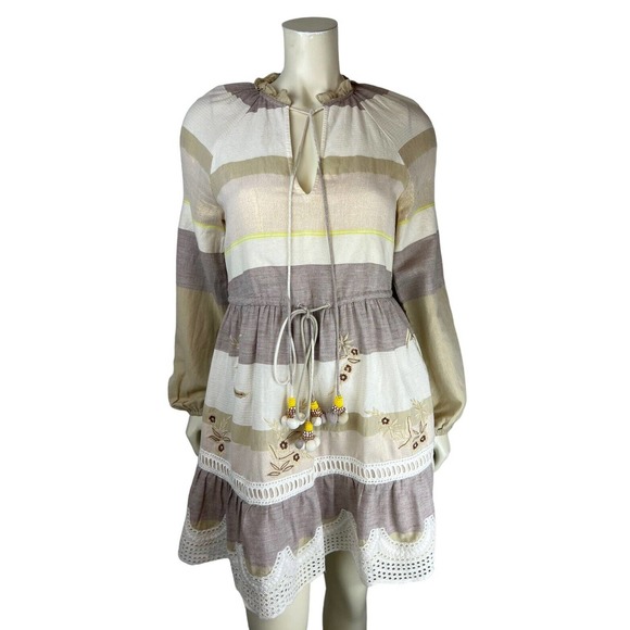 Hemant + Nandita Long Sleeve Stripe Dress S Tiered Floral Beaded Embroidered
